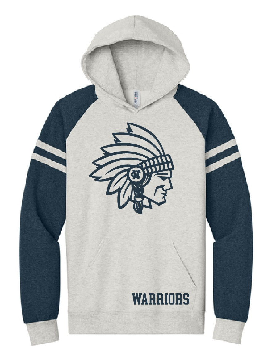 2026 Warriors Varsity Colorblock Hoodie (Oatmeal & Indigo Heather)